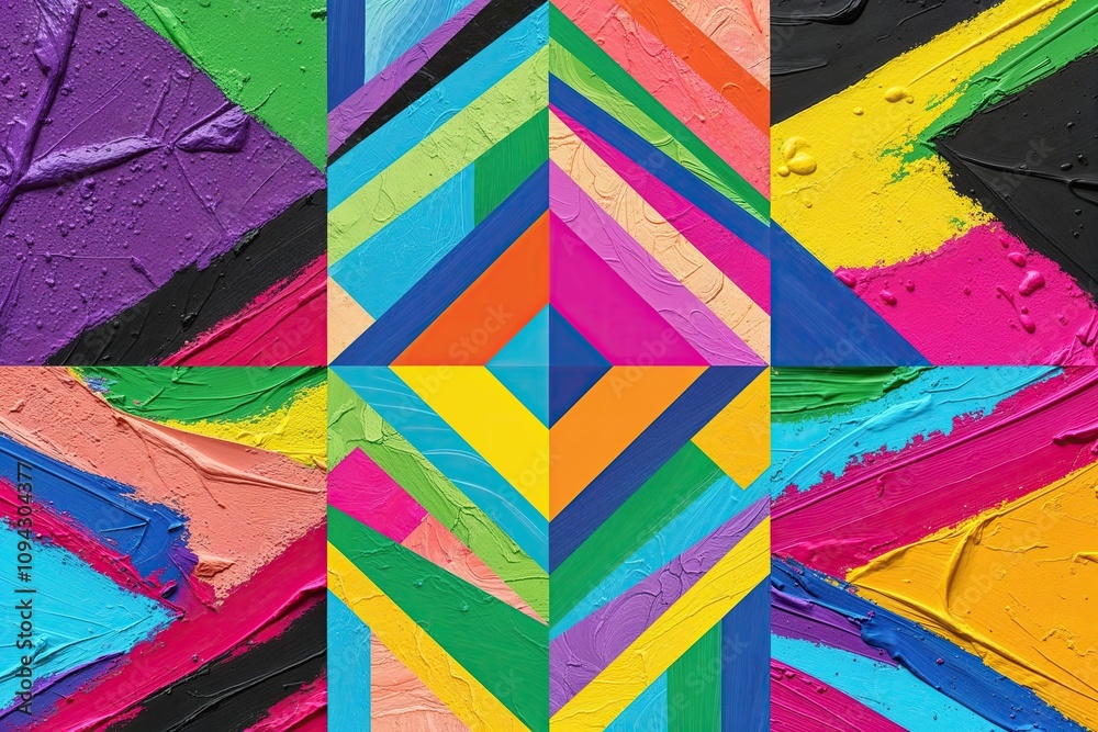 Fototapeta premium Vibrant Trendy Abstract Geometric Shapes Collection with Modern Doodle Designs and Bright Paint Textures