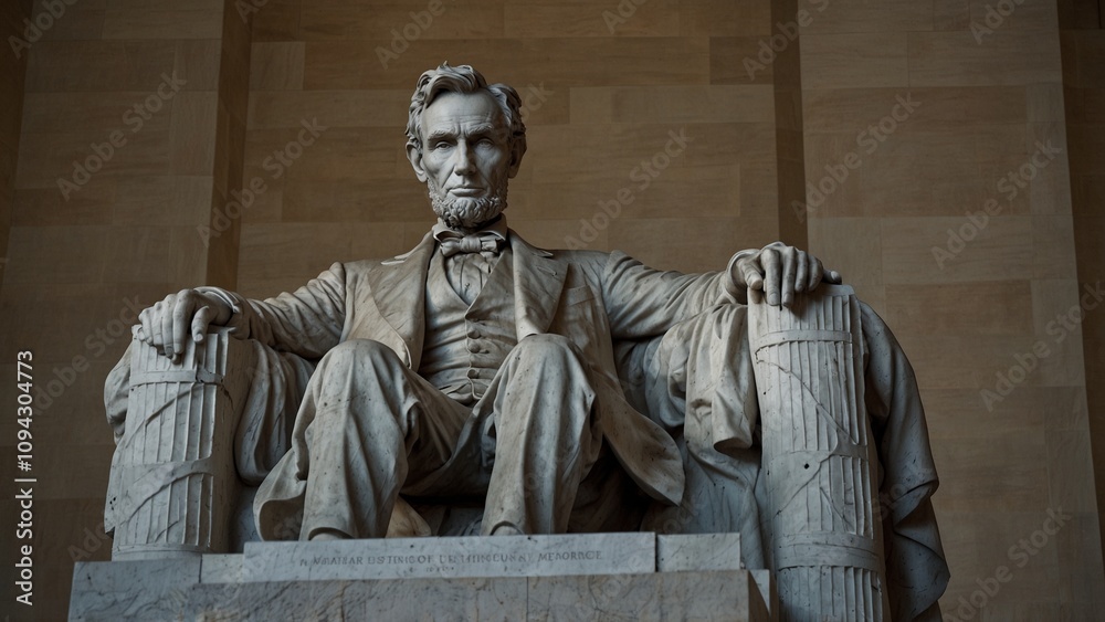 Fototapeta premium A statue of Abraham Lincoln sitting in the Lincoln Memorial, wearing a suit, with a determined expression, and the dome of the memorial in the background