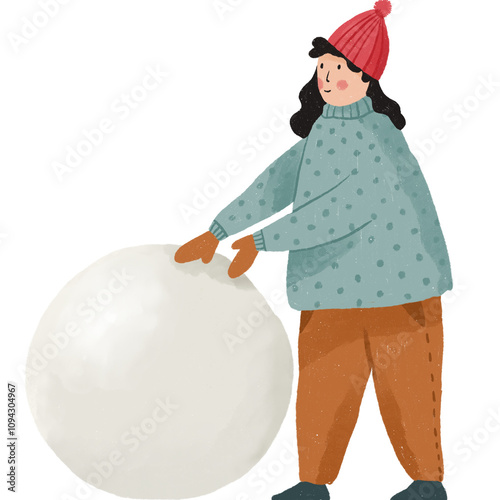 a girl walking rolling snowball in winter clothes illustration