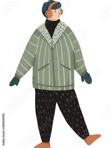 a man wearing thick jacket and earmuffs in winter illustration