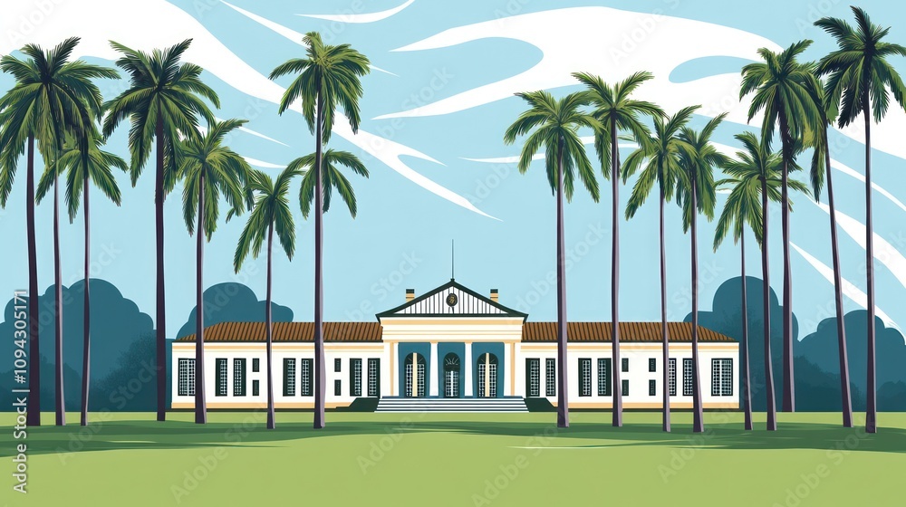 A stylized illustration of a grand building surrounded by palm trees and a serene sky. A stylized illustration of a grand building surrounded by palm trees and a serene sky.