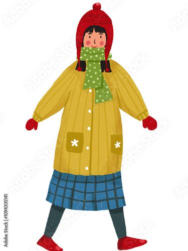 young girl in winter clothes walking side way illustration
