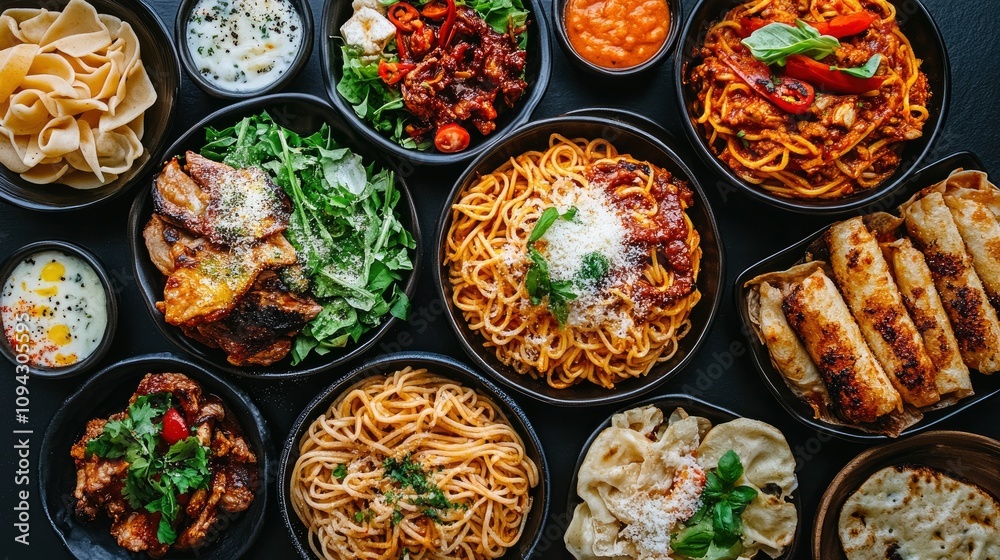 A vibrant spread of various delicious dishes arranged in bowls, showcasing diverse cuisines. A vibrant spread of various delicious dishes arranged in bowls, showcasing diverse cuisines.