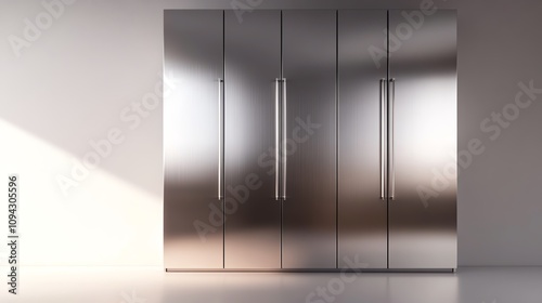 Modern refrigerator with sleek stainless steel design, white isolated background.