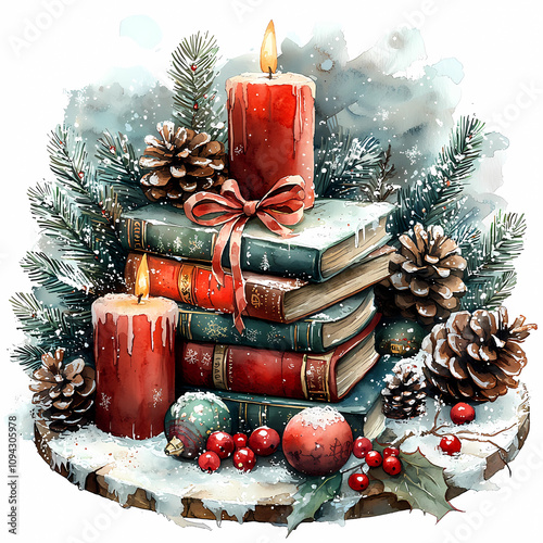 Festive Book Stack with Pinecones and Holly for Christmas Decor, generated ai