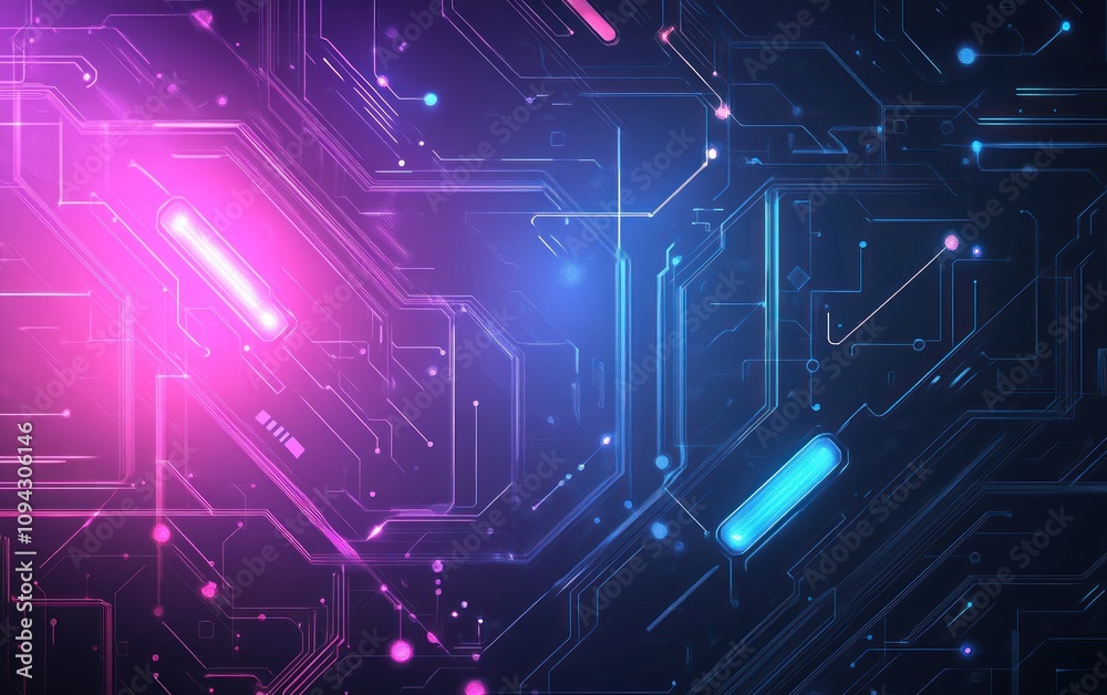 Abstract glowing circuit board with pink and blue neon lights. Abstract glowing circuit board with pink and blue neon lights.