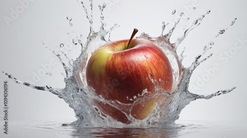 Vivid red apples splashed with water, creating dynamic droplets. photo