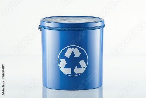 A blue circular trash can with the logo of sorting and recycling on it, made from plastic material photo