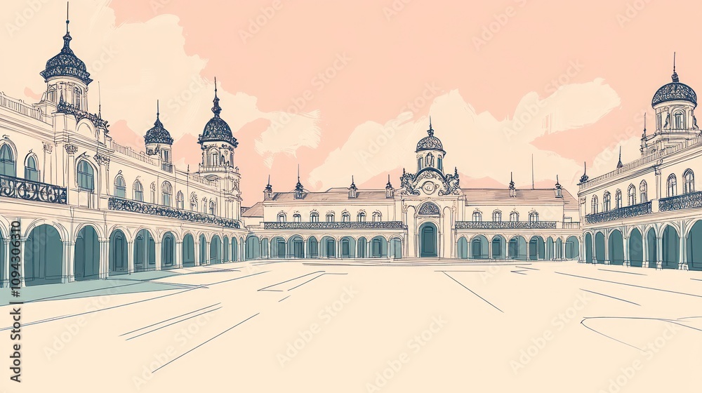 Obraz premium A digital illustration of an ornate architectural courtyard with domes and decorative elements.
