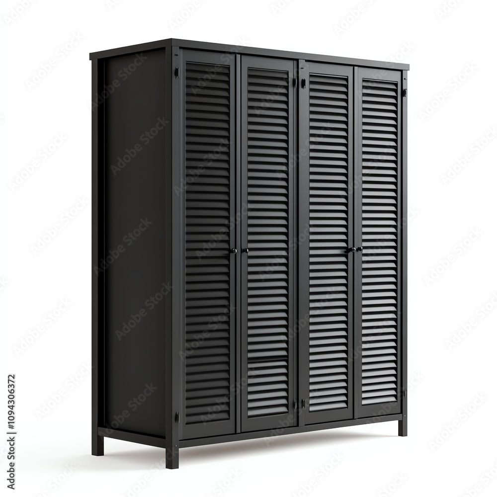 Modern black storage cabinet with slatted doors on a white background. Modern black storage cabinet with slatted doors on a white background.