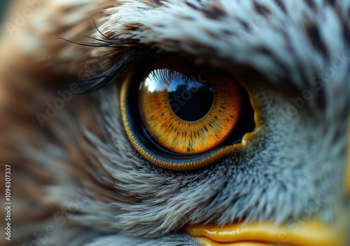 Close-up view of a majestic owl's eye showcasing intricate details photo