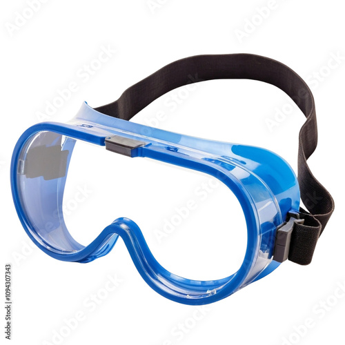 Blue safety diving goggles with black strap isolated on a transparent background