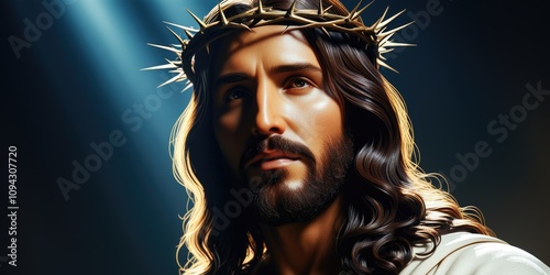 Contemplative figure with crown of thorns in dramatic lighting