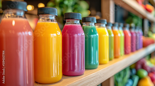 Colorful smoothie bottles on a wooden shelf in a healthy eating cafe, with the vibrant colors of juice and fruit juice in glass bottles against a background of colorful fruits.