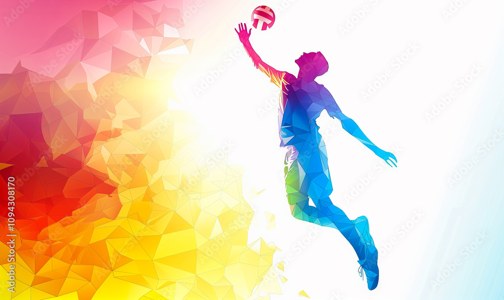 Fototapeta premium A sports poster banner featuring a volleyball. The abstract background with colorful patterns enhances the dynamic design.