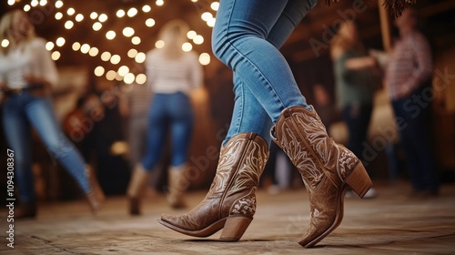 Caucasian adults line dancing in cowboy boots at rustic barn event with string lights.