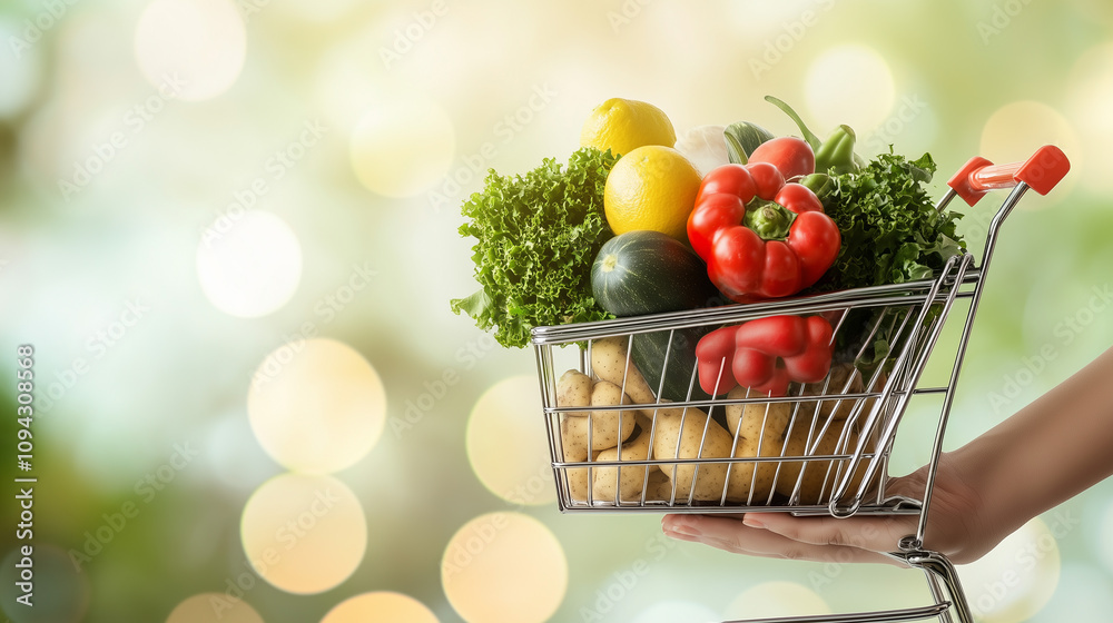 woman hand hold supermarket shopping cart with abstract blur organic fresh fruits and vegetable on shelves in grocery store defocused bokeh light background woman hand hold supermarket shopping cart with abstract blur organic fresh fruits and vegetable on shelves in grocery store defocused bokeh light background