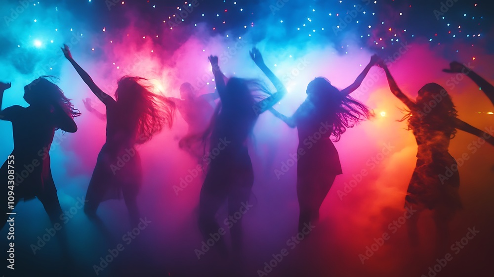 Obraz premium Vibrant dance party with colorful lights nightclub event photography energetic atmosphere side view celebration