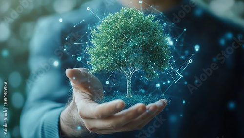 A businessman's hand holds a digital image of a tree, surrounded by connecting lines and dots, depicting a business that is always growing and developing.