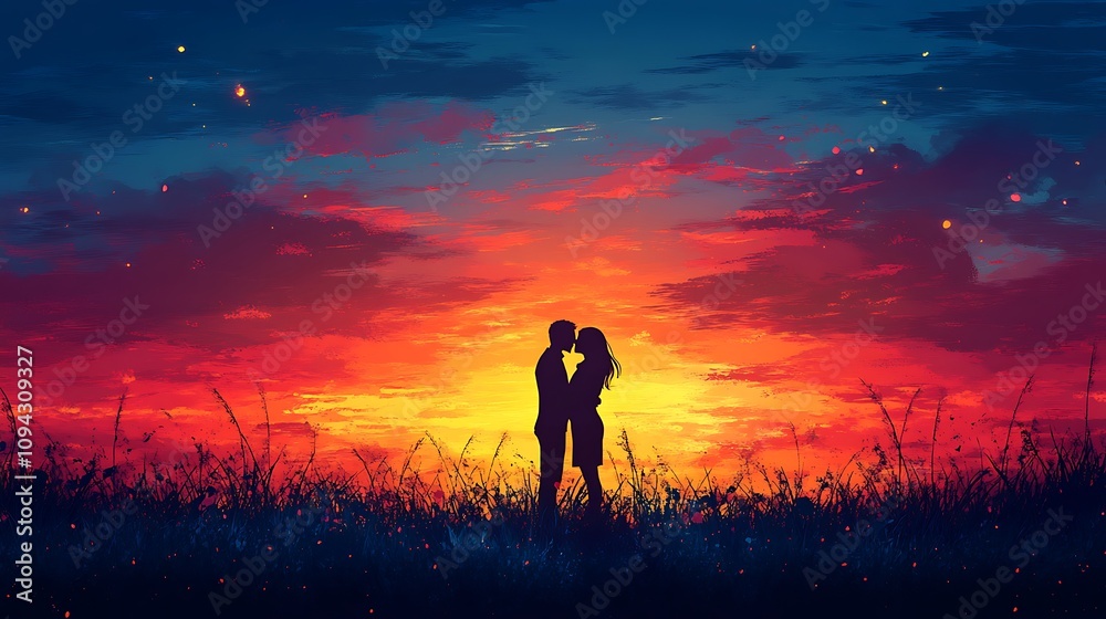 Fototapeta premium Romantic sunset embrace open field digital art evening love