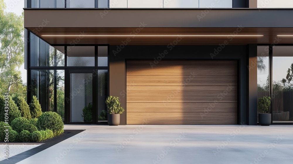 Modern architectural facade featuring a garage and landscaped surroundings.