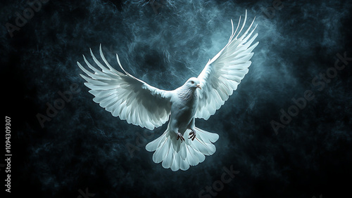 A white dove with outstretched wings, in flight against a dark smoky background.