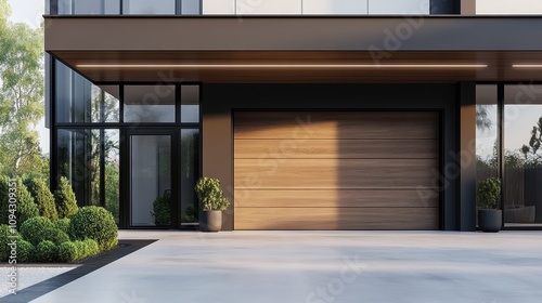 Modern architectural facade featuring a garage and landscaped surroundings.