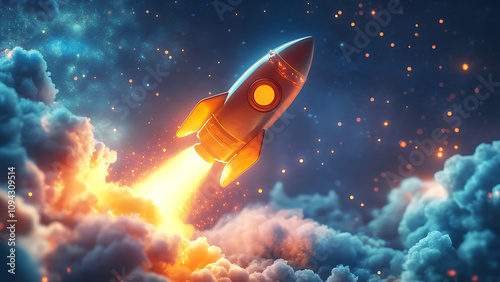 Wallpaper Mural A rocket is launching into space, surrounded by clouds of fire and smoke. Stars are visible in the night sky. Torontodigital.ca