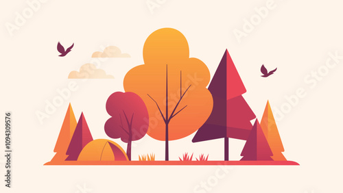 Flat Design Illustration of Camping Tent in Forest with Pine Trees in Autumn Fall Season