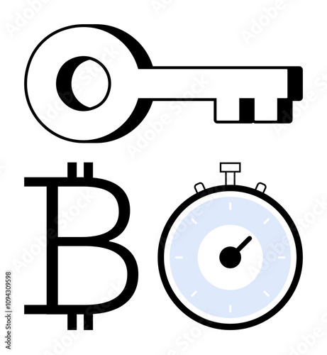 Key Bitcoin symbol and stopwatch evoke themes of security cryptocurrency, and time. Ideal for blockchain, digital currency, time tracking, security tools, fintech, financial planning, technology