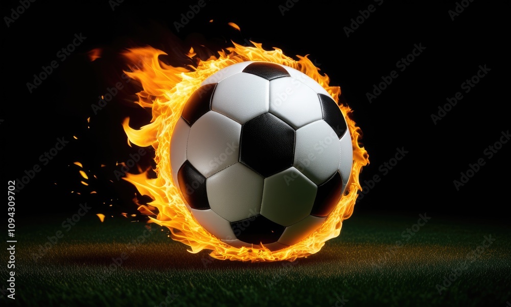 Naklejka premium Fiery soccer ball in motion: dynamic energy and passion on the field