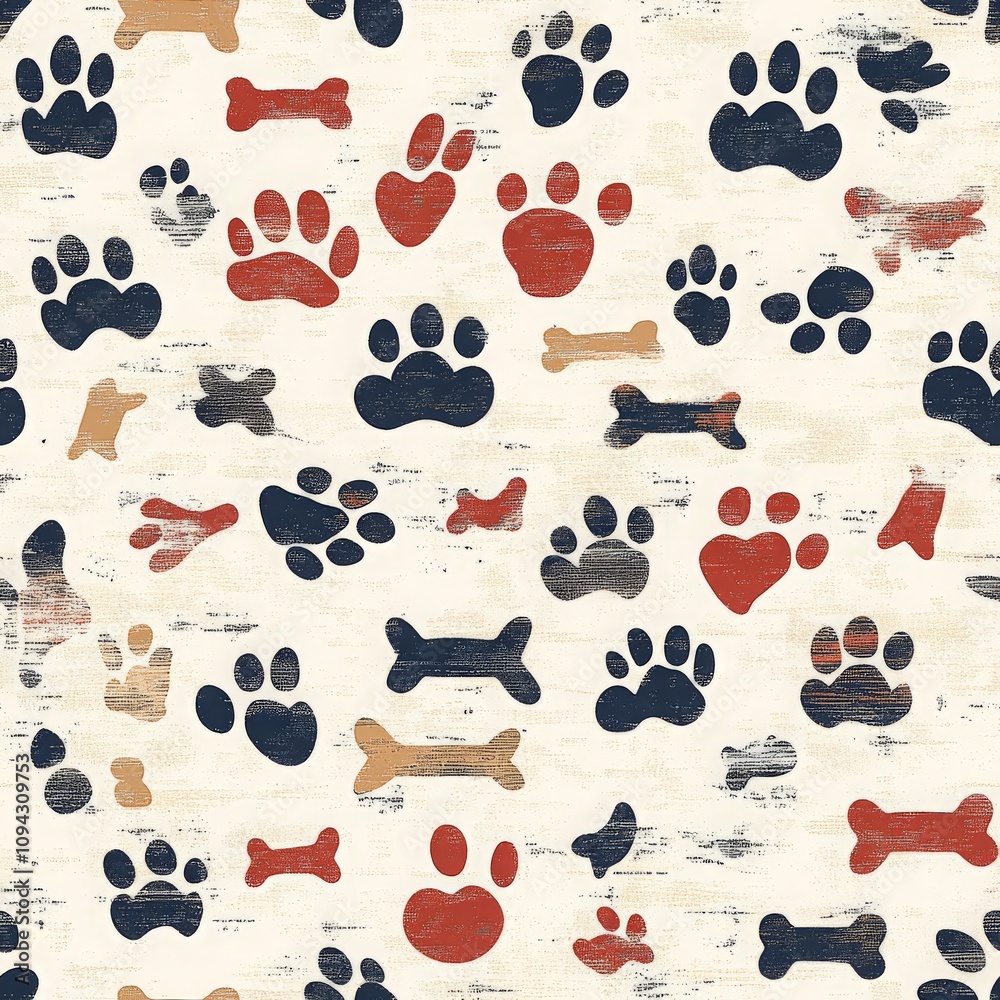 Fototapeta premium Rustic Dog Paw Prints Bones Seamless Pattern Texture