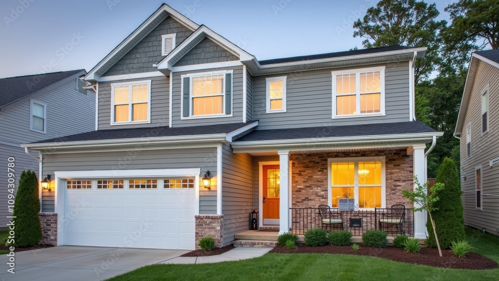Modern Suburban Home With Inviting Porch and Warm Lights in the Evening, Showcasing Well-Manicured Landscaping Modern Suburban Home With Inviting Porch and Warm Lights in the Evening, Showcasing Well-Manicured Landscaping