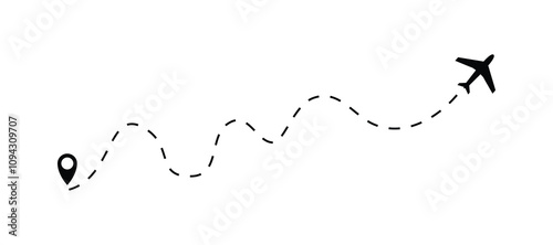 The plane icon follow from start pin point to finish by dashed line. Airplane dashed line path flat style design isolated on white background. Airplane route trace flight air map.
