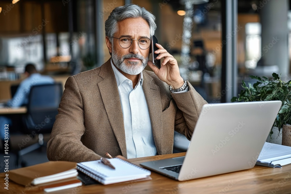 Middle aged man in office talking on mobile phone working on laptop at desk with notebooks and papers Middle aged man in office talking on mobile phone working on laptop at desk with notebooks and papers