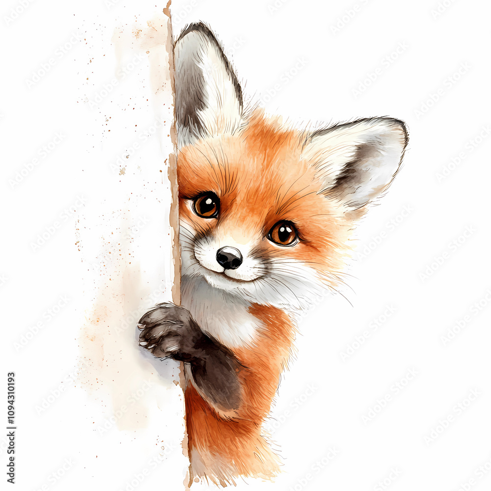 Obraz premium Playful Fox Peeking Around the Corner – Artistic Illustration for Home Decor, generated ai