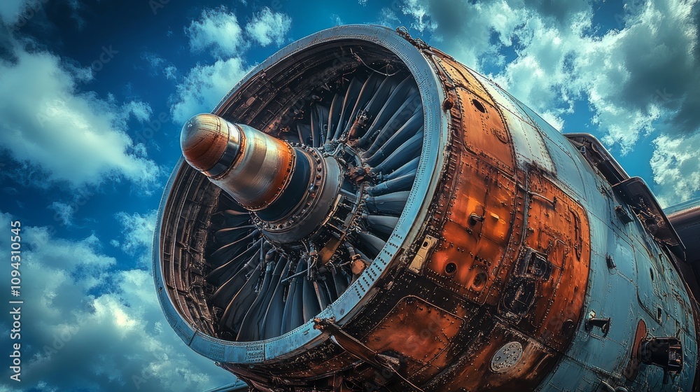 Close-up of a rusty, weathered airplane engine against a dramatic sky. Close-up of a rusty, weathered airplane engine against a dramatic sky.