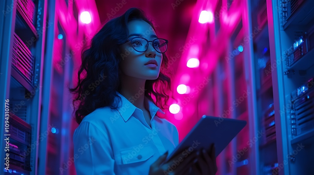Obraz premium Data center exploration woman with tablet neon lighting tech environment