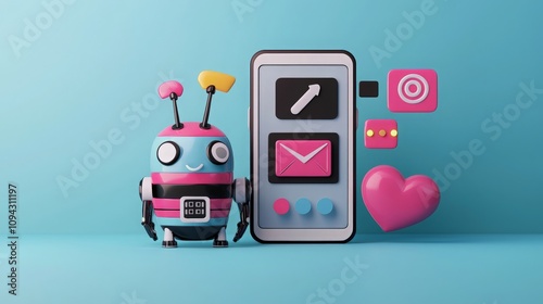 Cute Robot with Smartphone  Social Media Icons  and Heart