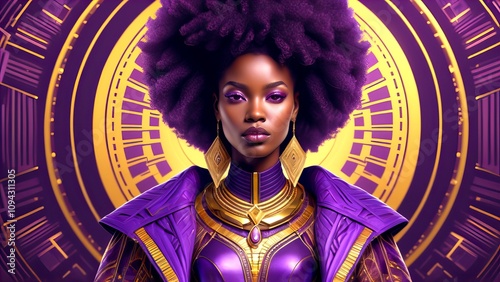 Afrofuturistic Queen: Innovation in Purple and Gold Celestial Portrait with Geometric Sacred Elements. Fashion. 2