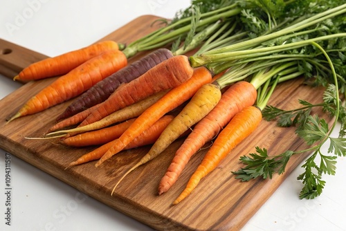 A cluster of fresh carrots with varying shades of orange on a wooden cutting board, autumnal atmosphere, crunchy goodness