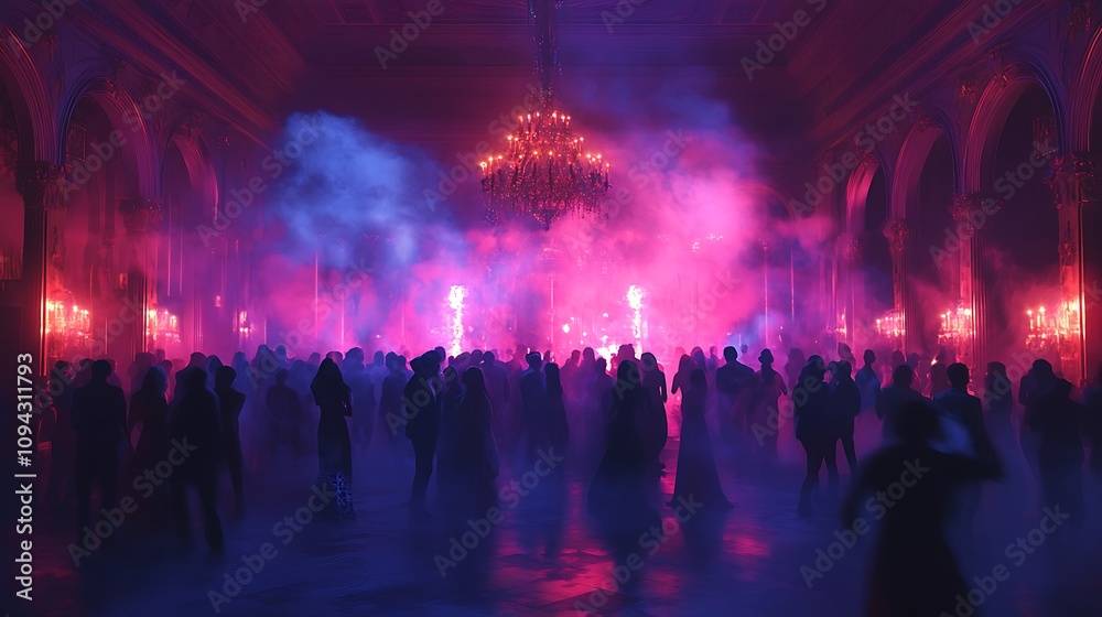 Vibrant nightlife event luxurious venue party atmosphere urban setting spectacular lighting
