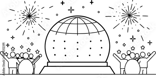 Minimalist Line Art Of Giant New Year's Eve ball dropping at midnight with celebratory crowd cheering. 