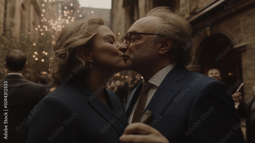 Elegant Couple Sharing A Tender Kiss At A Festive Gathering Elegant Couple Sharing A Tender Kiss At A Festive Gathering