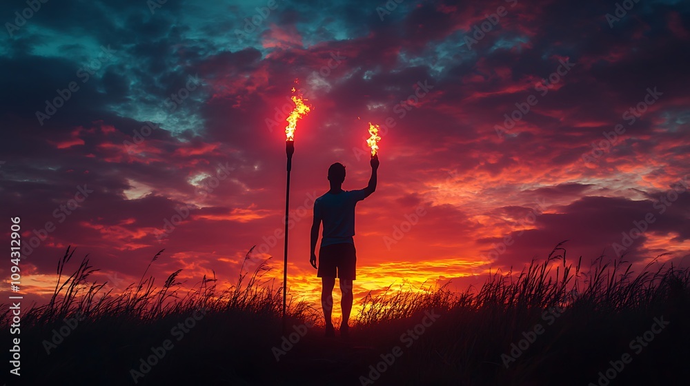 Fototapeta premium Man holding torch at sunset beach outdoor photography dramatic view