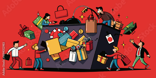 Enorme bolsa de compras repleta de artículos, emoción del Black Friday y frenesí de compras minoristas. Personas cargando la enorme bolsa con etiquetas de oferta, emocionadas por el día de compras más