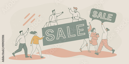 Minimalist Line Art Of Gigantic 'SALE' sign in shopping frenzy scene with characters pointing, taking photos, and rushing for Black Friday discounts and deal