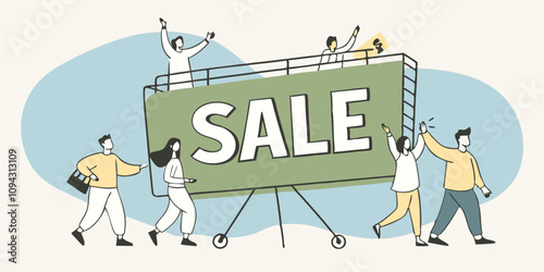 Minimalist Line Art Of Gigantic 'SALE' sign in shopping frenzy scene with characters pointing, taking photos, and rushing for Black Friday discounts and deal