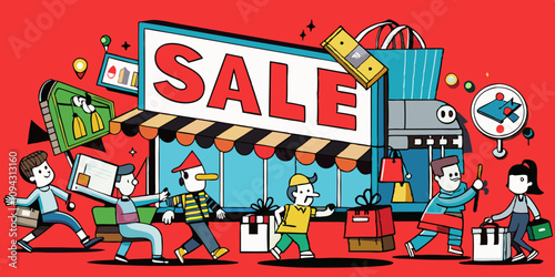 Gigantesco cartel de 'OFERTA' en una escena de frenesí de compras con personajes señalando, tomando fotos y corriendo para obtener descuentos y ofertas del Black Friday