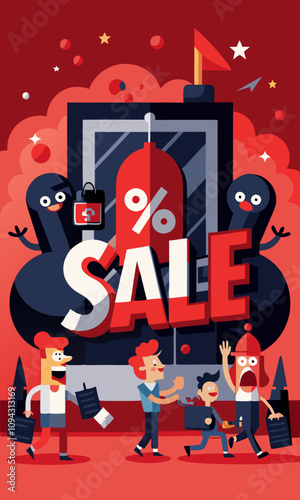 Gigantic 'SALE' sign in shopping frenzy scene with characters pointing, taking photos, and rushing for Black Friday discounts and deal